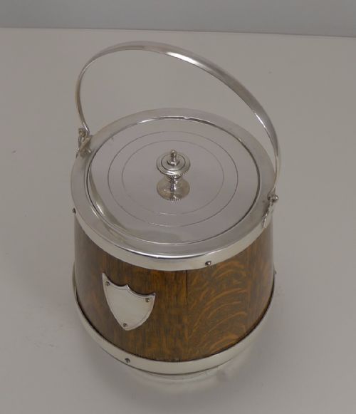 fig 1. Antique English Oak and Silverplate Biscuit Box by Daniel and Arter c.1890