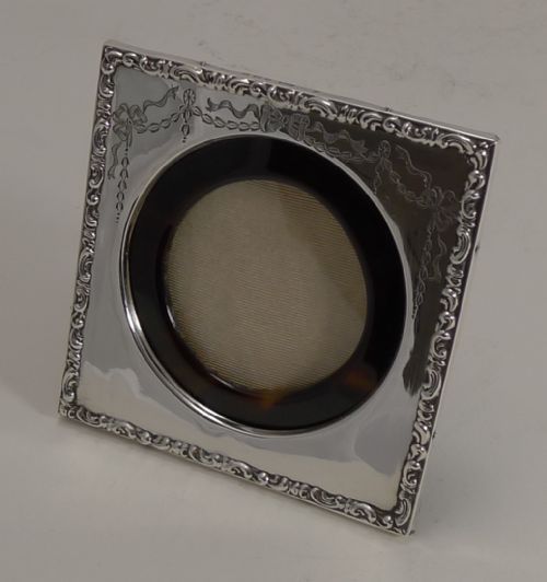 Antique English Silver and Tortoiseshell Photograph Frame Hallmarked Birmingham 1907 by Henry Matthews