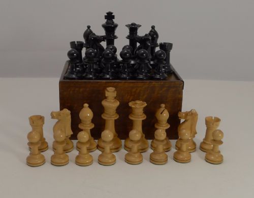 Large Antique English Weighted Boxwood Chess Set with Storage Box C.1910