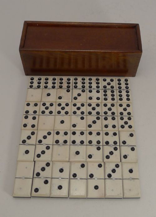 Antique English Boxed Set Bone & Ebony Wood Dominoes C.1890