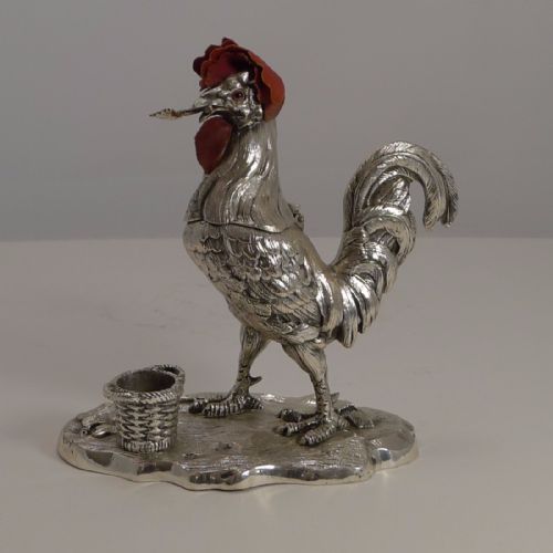 Handsome Antique English Figural Inkwell - Cockerel or Rooster - Glass Eyes C.1880