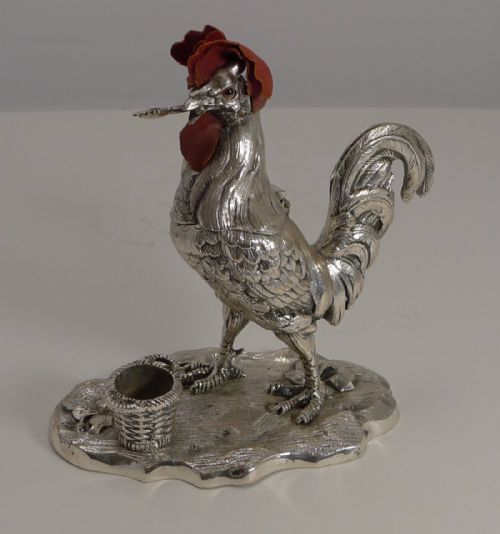 fig 1. Handsome Antique English Figural Inkwell - Cockerel or Rooster - Glass Eyes c.1880