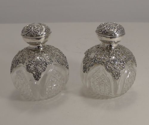 Magnificent Pair Large Antique Sterling Silver Mounted Perfume Bottles