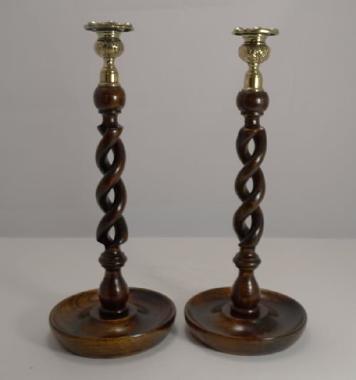 Towering Pair 14" Solid Oak Open Barley Twist Candlesticks - Brass Tops