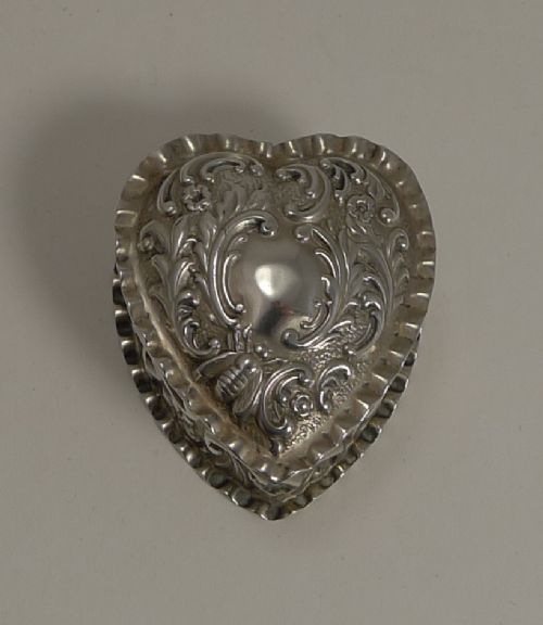 Antique English Sterling Silver Heart Pill Box - Bee - 1900