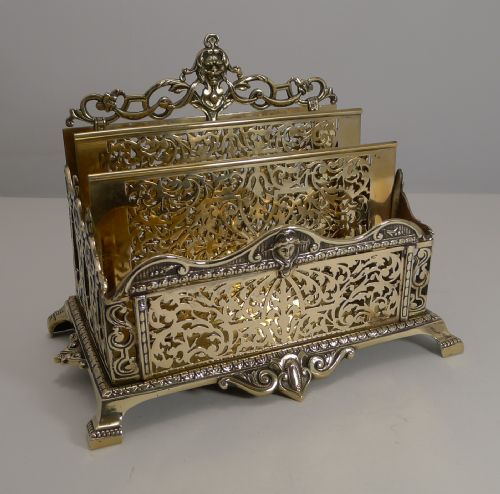 Grand Antique English Brass Stationery Rack / Holder