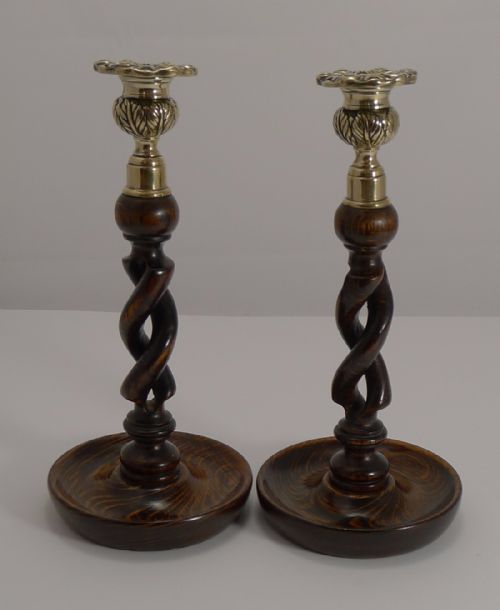 Pair Antique English 10" Oak Open Barley Twist Candlesticks - Brass Thistle Tops