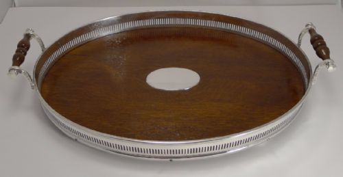 Antique English Oak and Silver Plated Serving Tray C.1890
