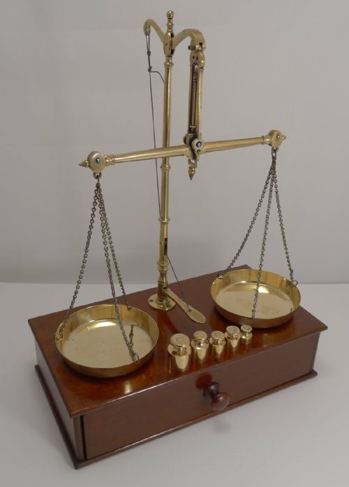 fig 1. Large Antique English Travelling Apothecary Scales In Mahogany & Brass c.1880