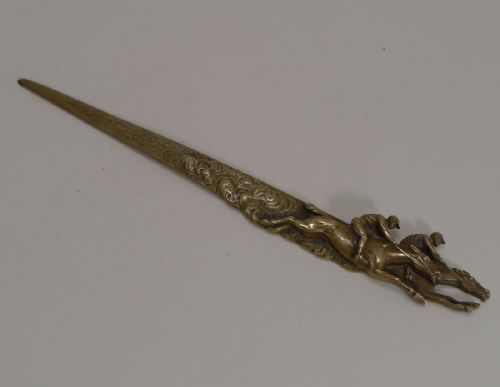 Fabulous Antique Figural Cast Brass Letter Opener - Horse Racing