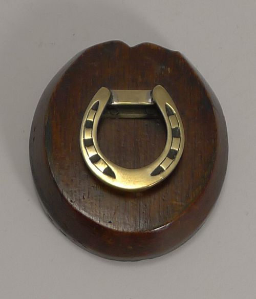 ANTIQUE ENGLISH OAK AND BRASS HORSESHOE LETTER PAPER CLIP EQUESTRIAN C1890