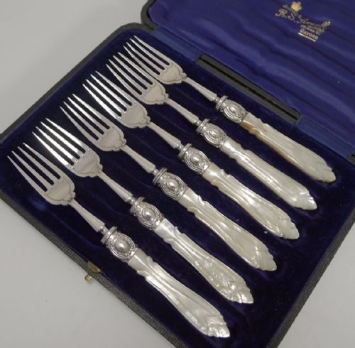 Antique English Sterling Silver & Mother of Pearl Cake or Desert Forks - 1911