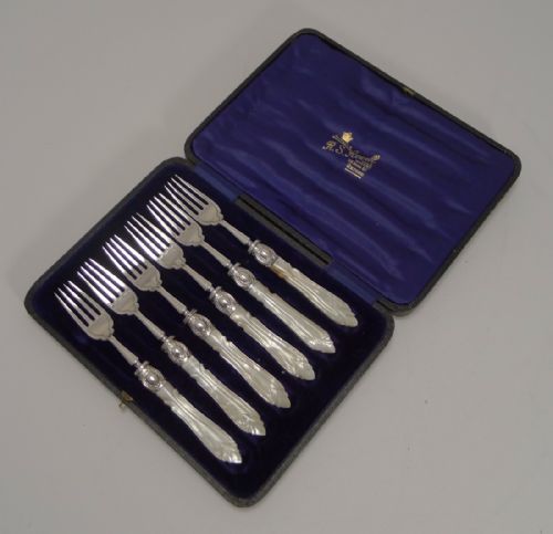fig 1. Antique English Sterling Silver & Mother of Pearl Cake or Desert Forks - 1911