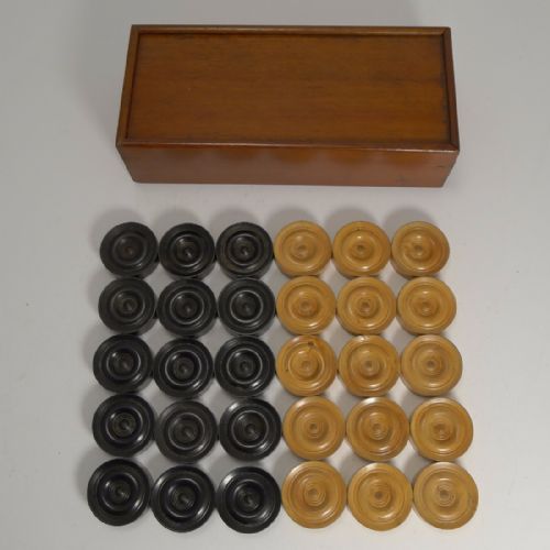 Antique English Boxed Set Ebony & Boxwood Draughts / Checkers / Backgammon Counters C.1900