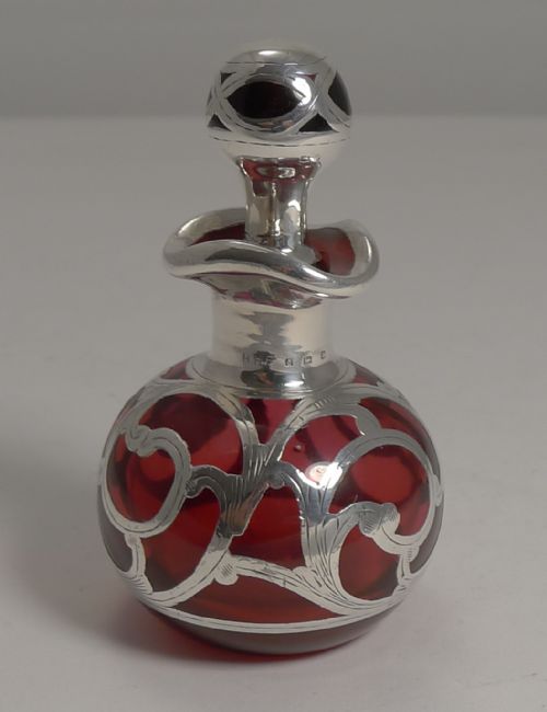 Antique English Ruby Red Glass Perfume Bottle - Sterling Silver Overlaid - 1910