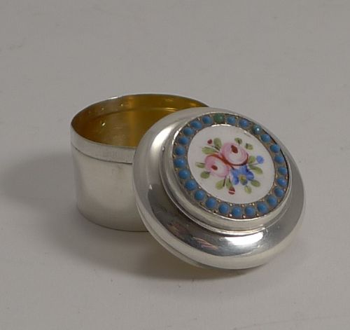 Pretty Antique English Sterling Silver Box - Hand Painted Porcelain