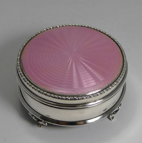 Finest Quality Large Sterling Silver & Pink Guilloche Enamel Jewellery Box - 1919