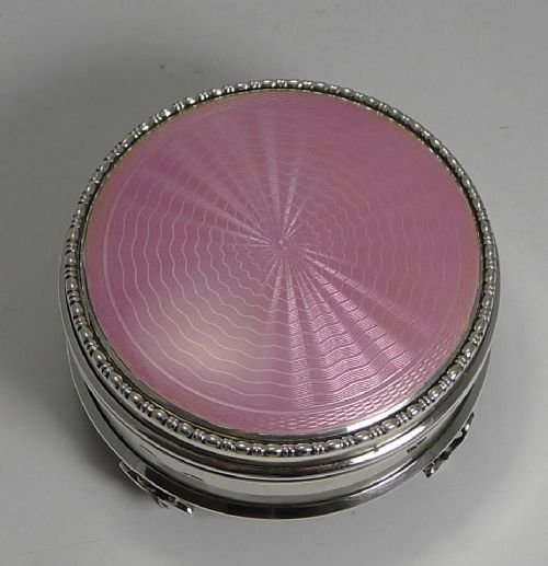 fig 1. Finest Quality Large Sterling Silver & Pink Guilloche Enamel Jewellery Box - 1919