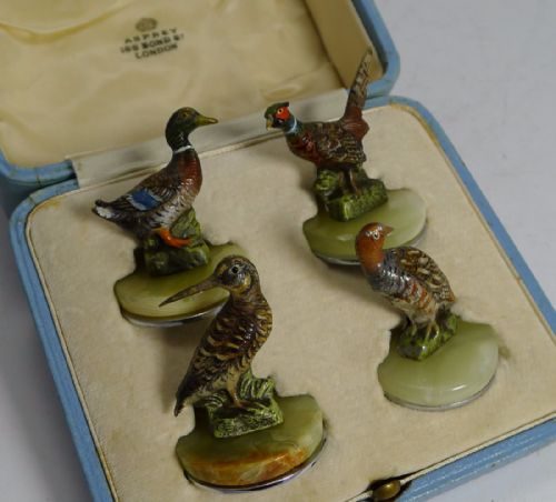 Rare Cold Painted Bronze Fowl & Game Bird Menu Holders by Asprey, London C.1910