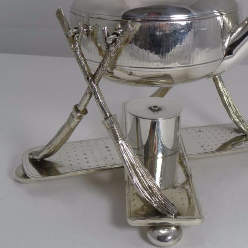 fig 1. Rare Silver Plated Novelty Kettle on Stand - Curling Stone by Fenton Brothers