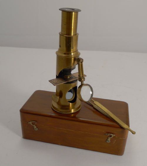 Small Antique French Brass Microscope with Condenser C.1890