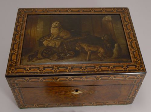 Rare Antique Parquetry / Tunbridge Inlaid Jewelry Box - Hand Painted Dog Panel