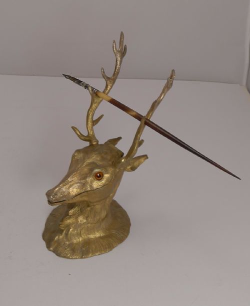 ANTIQUE ENGLISH FIGURAL GILDED BRONZE INKWELL ORIGINAL GLASS EYES STAG C1880 - ADDITIONAL PHOTO 1