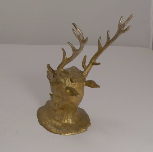ANTIQUE ENGLISH FIGURAL GILDED BRONZE INKWELL ORIGINAL GLASS EYES STAG C1880 - ADDITIONAL PHOTO 2