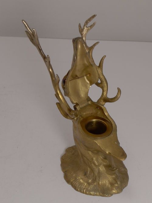 ANTIQUE ENGLISH FIGURAL GILDED BRONZE INKWELL ORIGINAL GLASS EYES STAG C1880 - ADDITIONAL PHOTO 4