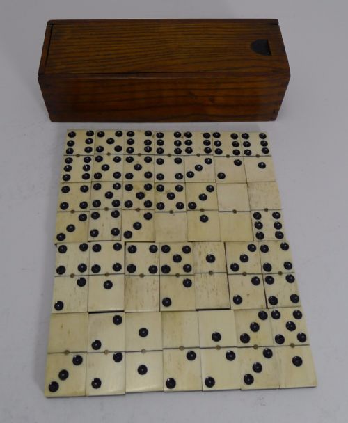 Antique English Boxed Set Bone & Ebony Wood Dominoes C.1890