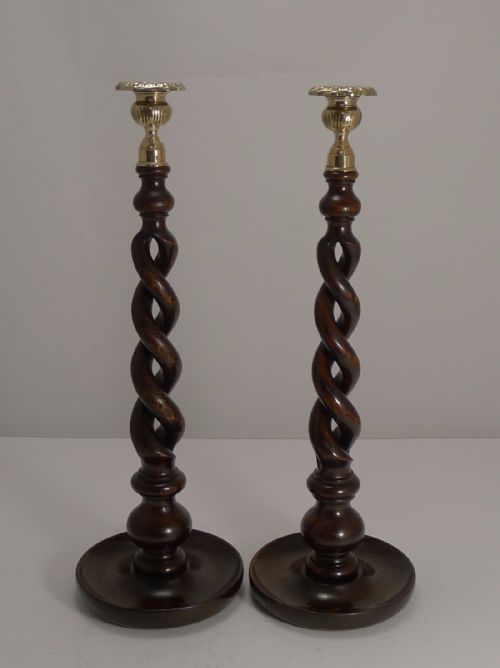Towering Pair 17" Solid Oak Open Barley Twist Candlesticks - Brass Thistle Tops