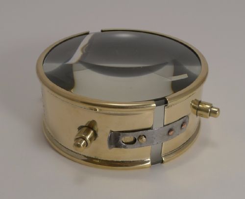 Unusual Example - English Antique Brass Desk Magnifying Glass / Paperweight - Patent 1911