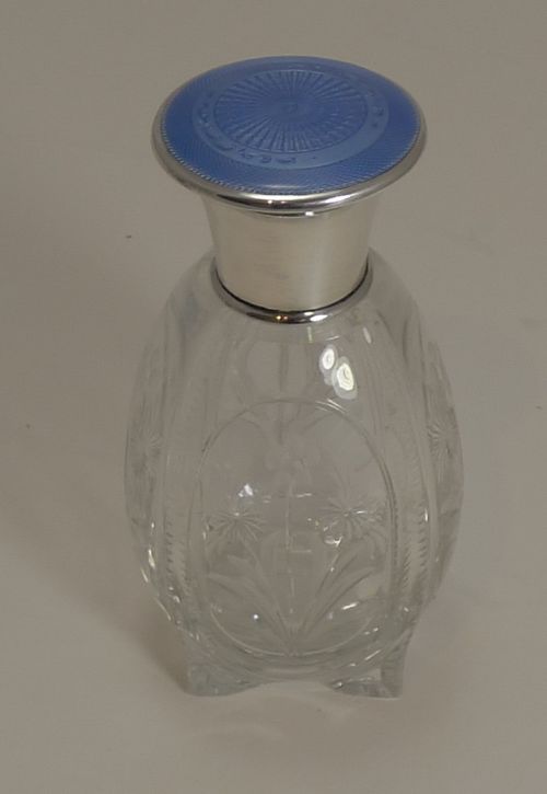 Pretty Floral Engraved Perfume Bottle; English Sterling Silver and Guilloche Enamel Lid