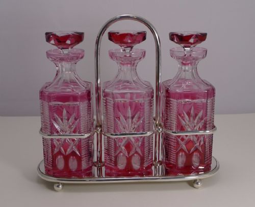 Stunning Bohemian Cranberry Overlaid Cut Crystal Decanters / Tantalus C.1910