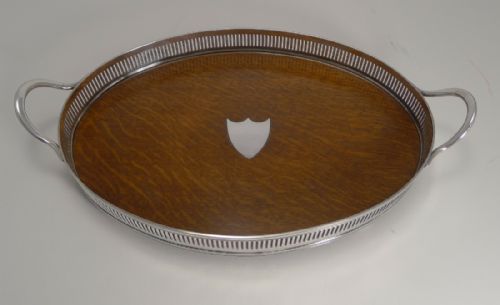 Antique English Oak and Silver Plated Tray by John Grinsell and Sons C.1890