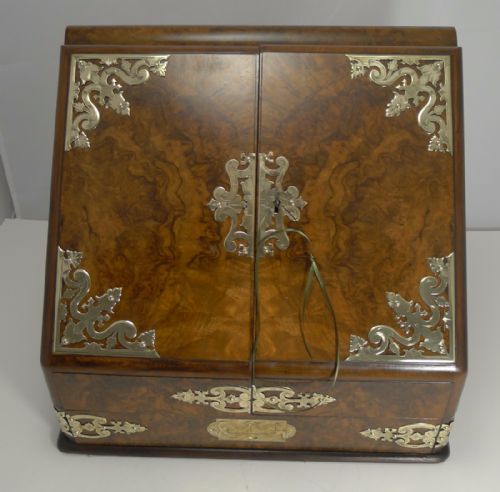 Fine Quality Antique English Brass Mounted Burr Walnut Stationery Cabinet / Writing Box


