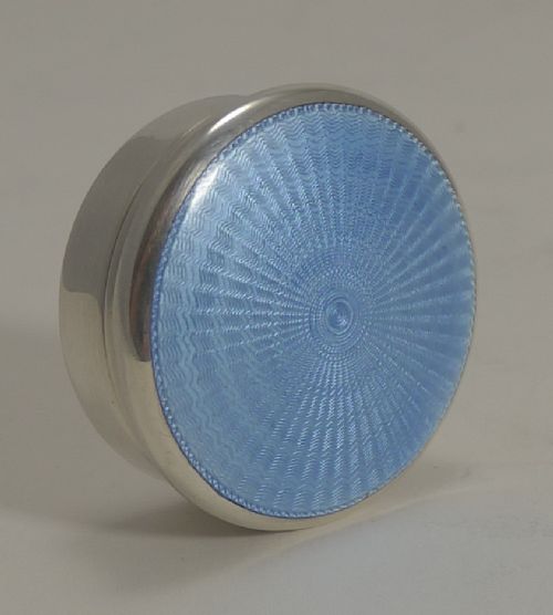 Stunning English Sterling Silver & Blue Guilloche Enamel Pill Box