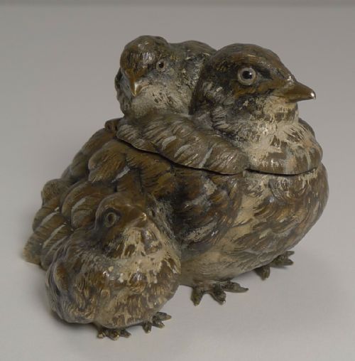 Wonderful Antique English Novelty Bronze Inkwell - Bird and Chicks C.1880