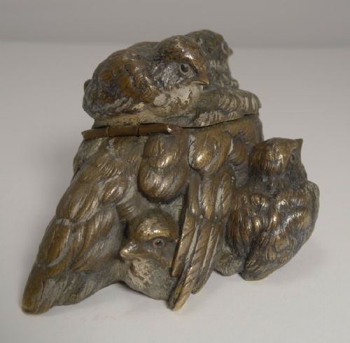 fig 1. Wonderful Antique English Novelty Bronze Inkwell - Bird and Chicks c.1880