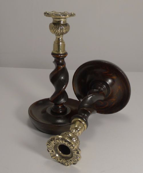 Pair 8" Antique English Oak Open Barley Twist Candlesticks - Brass Thistle Tops