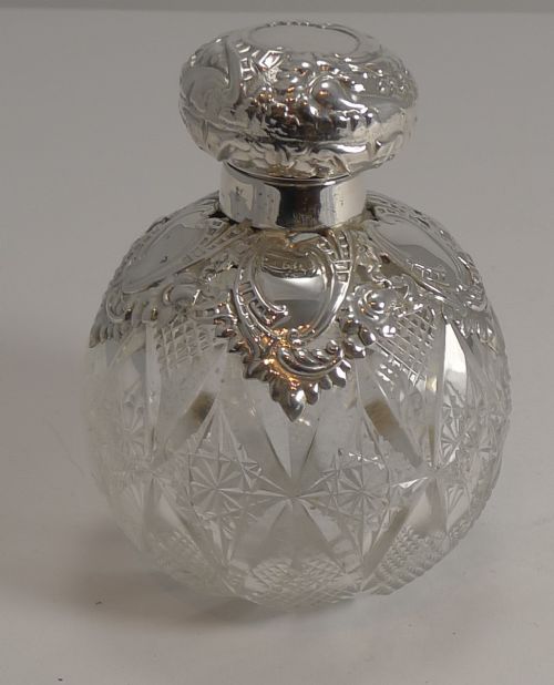 Antique English Cut Crystal and Sterling Silver Perfume / Scent Bottle