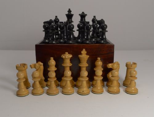 Large Antique English Weighted Boxwood Chess Set with Storage Box C.1910