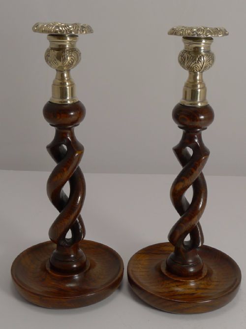 Pair Antique English 10" Oak Open Barley Twist Candlesticks - Brass Thistle Tops