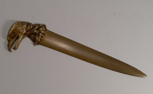 Antique French Figural Bronze Letter Opener C.1900 - Eagle with Glass Eye - Signed