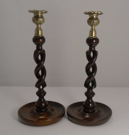 Pair Antique English Oak Open Barley Twist Candlesticks - Brass Thistle Tops