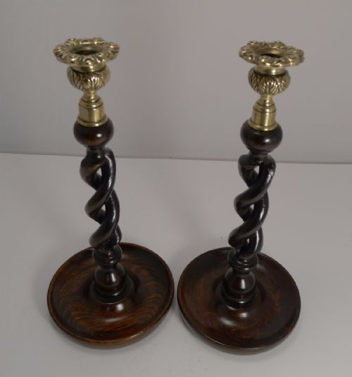 fig 1. Pair Antique English Oak Open Barley Twist Candlesticks - Brass Thistle Tops