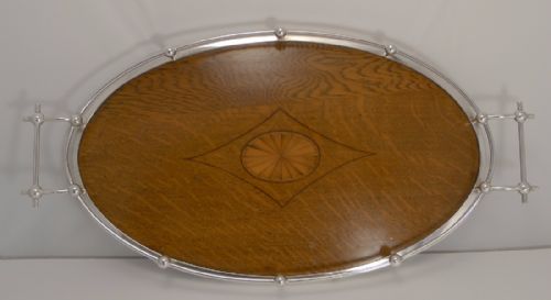 Antique English Inlaid Oak and Silver Plate Tray by Charles James Allen