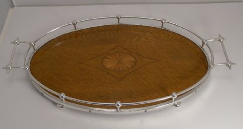 fig 1. Antique English Inlaid Oak and Silver Plate Tray by Charles James Allen