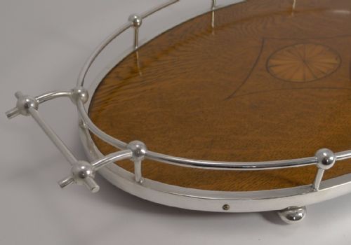 fig 2. Antique English Inlaid Oak and Silver Plate Tray by Charles James Allen