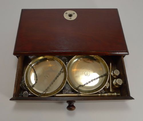 fig 3. Large Antique English Travelling Apothecary Scales In Mahogany & Brass c.1880
